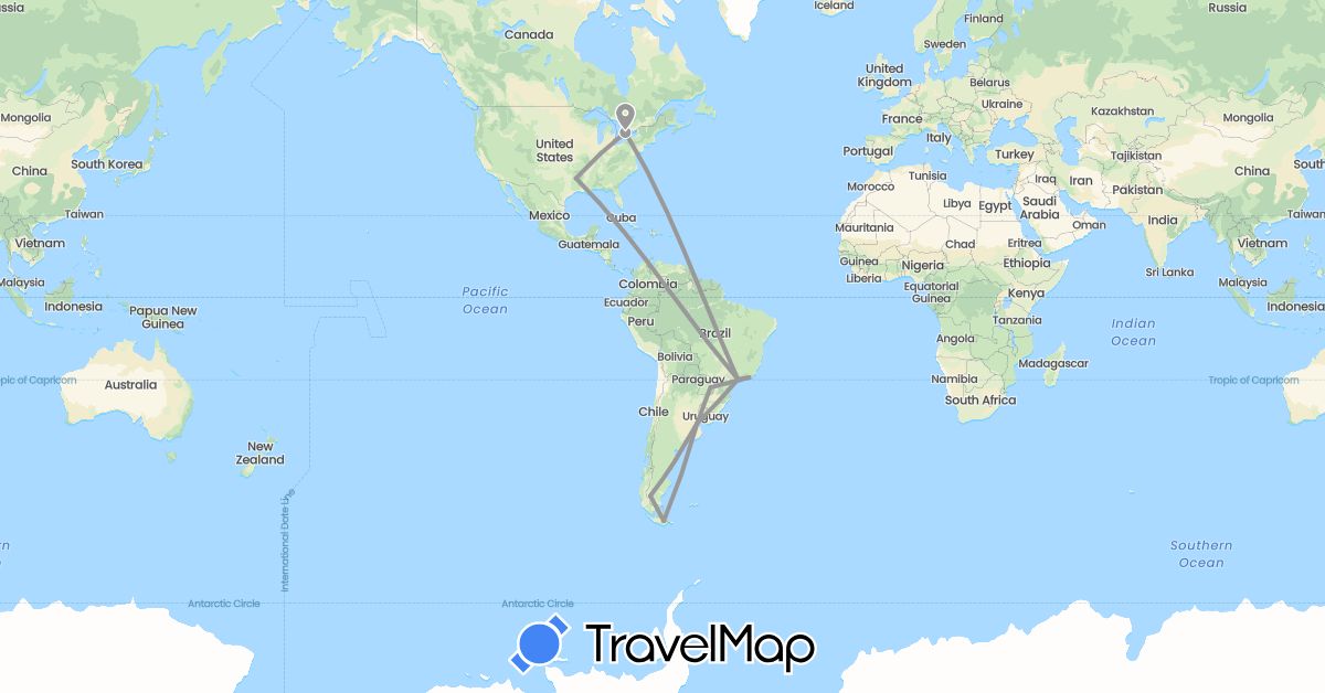 TravelMap itinerary: plane in Argentina, Brazil, Canada, United States (North America, South America)